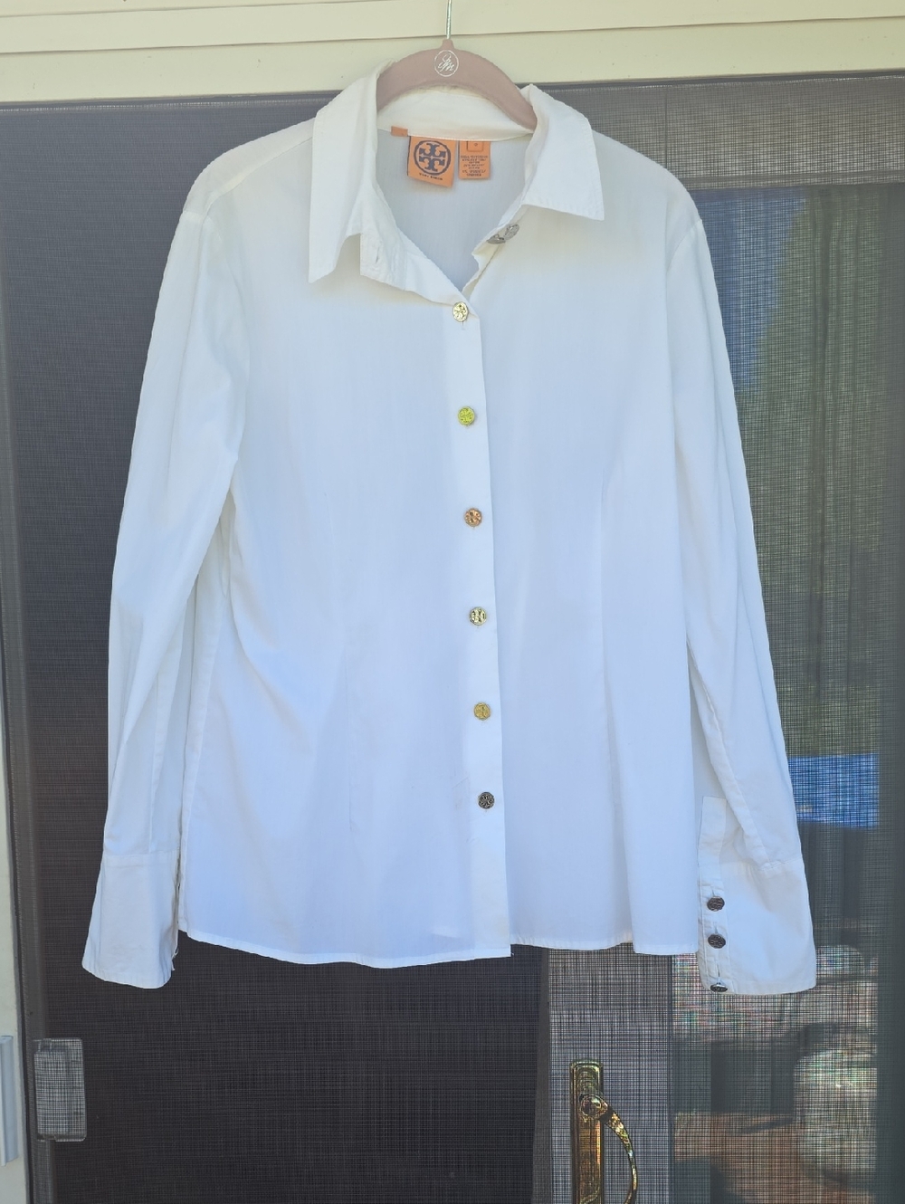 Tory Burch White Long-Sleeve Button Shirt with Silver Logo Buttons 12